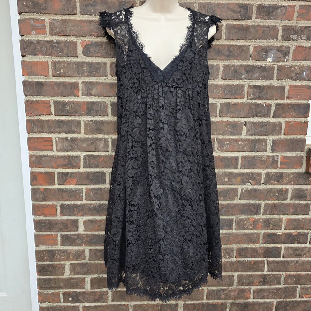Rebecca Taylor Size 8 Black Lace Overlay Babydoll Sheer Cap Sleeve Mini Dress